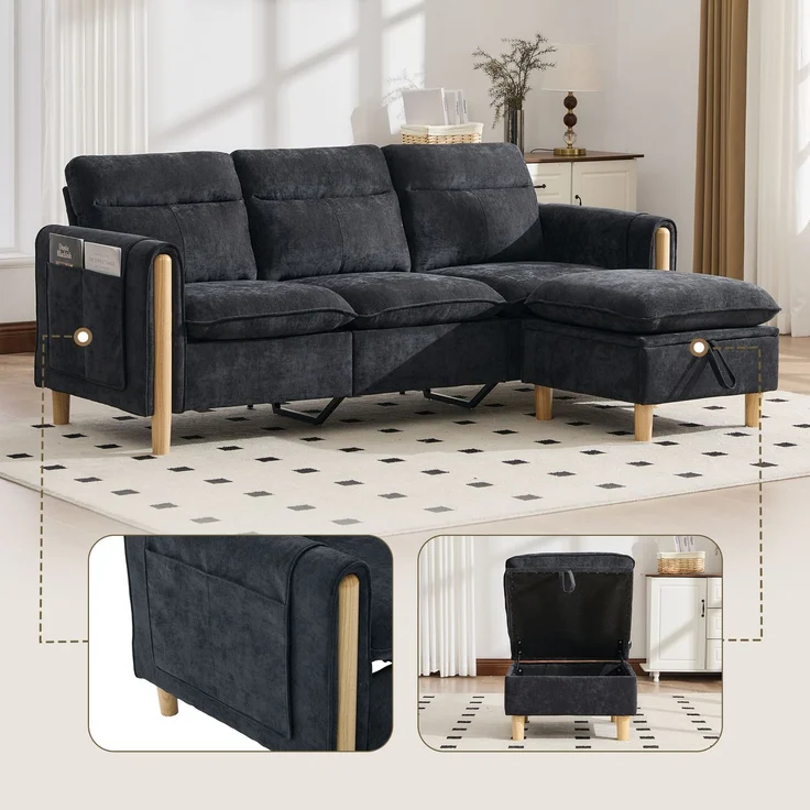 EINHOM Dreisitzige Sofagarnitur im nordischen Stil mit Aufbewahrungshocker, L-förmiges Stoffsofa mit Seitentaschen und Tischbeinen aus Holz, ideal für Wohnzimmer und kleine Räume(Schwarzer Chenille) – Bild 1