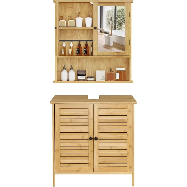 EUGAD Badezimmer Badmöbel Set Waschbeckenunterschrank Unterschrank Badezimmerschrank mit Spiegelschrank Hängeschrank für Bad Bambus Model 5