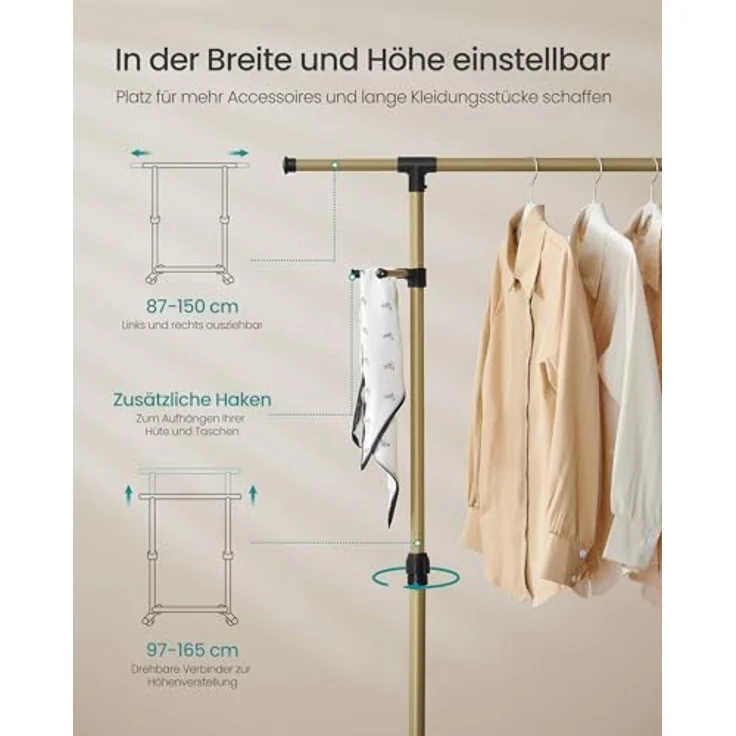 SONGMICS Kleiderständer auf Rollen, Kleiderstange, höhenverstellbar zwischen 97 und 165 cm, ausziehbare Garderobenstange, Garderobenständer, seitliche Haken für Accessoires, blassgold LLR001A01 – Bild 3