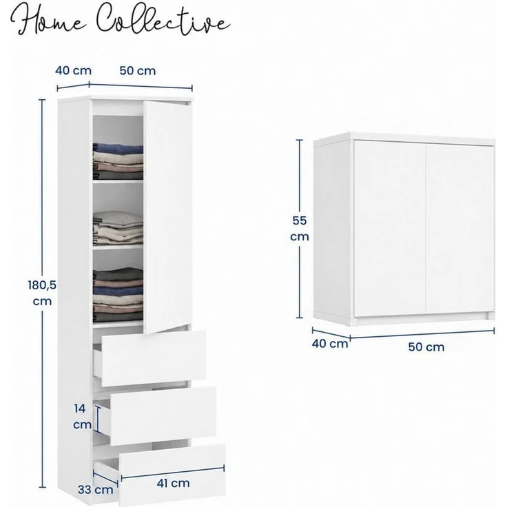 Home Collective Kleiderschrank Garderobenschrank Mehrzweckschrank Schrank platzsparend & vielseitig (50x40x180,5 cm (BxTxH), ideal für Schlafzimmer Flur & Arbeitszimmer) mit Befestigung oben, 1 Tür 3 Einlegeböden & 3 Schubladen in weiß – Bild 2