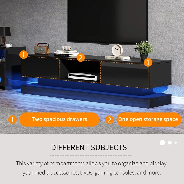Merax 160*35*40,5 cm Schwarzer Hochglanz-TV-Ständer mit LED-Beleuchtung, 2 Schubladen, Anwendungssteuerung, Anti-Kipp-Design, geeignet für 60-Zoll-Fernseher, TV-Schränke, TV-lowboard – Bild 5