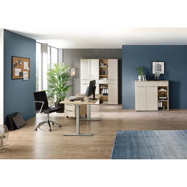 Komplettbüro Büro-Set SANTORIN VII Riva Eiche & Glas Cashmere 7-teilig