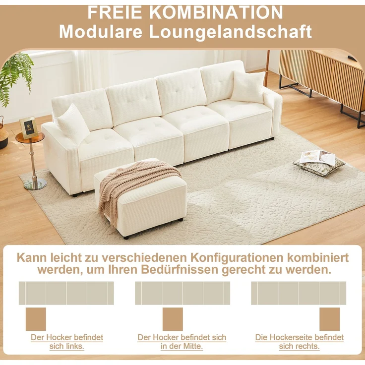 4-Sitzer Wohnlandschaft B 280 x T 146 x H 85 cm aus Cord mit Stauraum und flexiblem Hocker – Bild 8