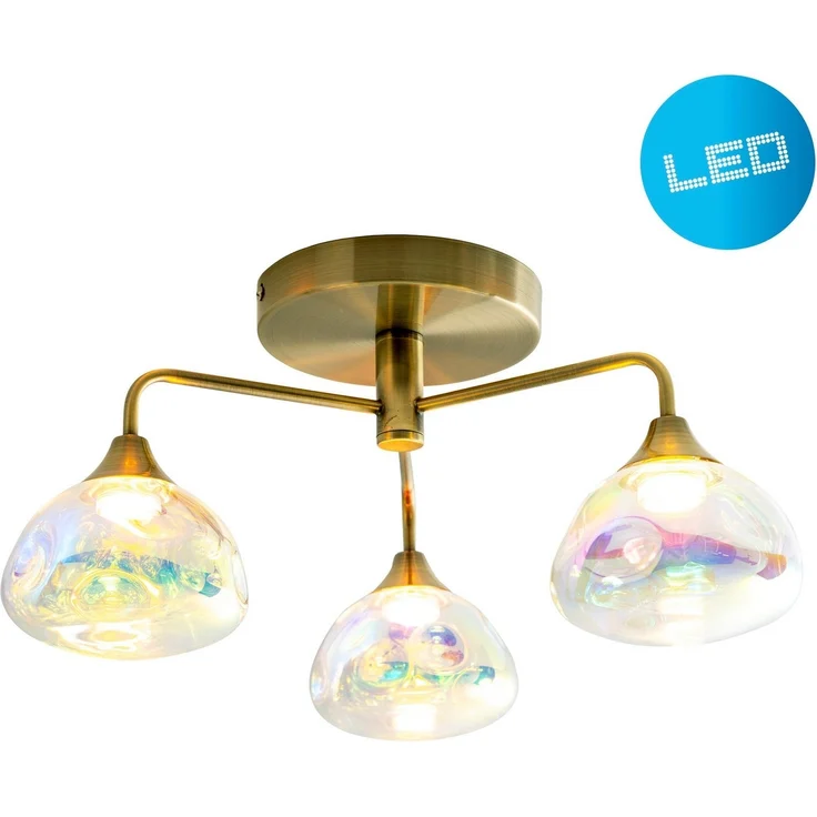 näve LED Deckenleuchte Varna, LED fest integriert, Warmweiß, 3 flg. irisierendes Glas incl. 3x6 LEDs warmweiß Gestell messing – Bild 2