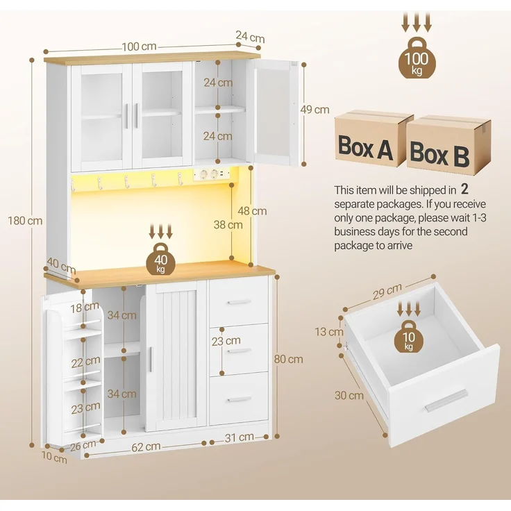 Hzuaneri Küchenschrank, mit 6-Stufigem Regal, 5 Schranktüren und 3 Schubladen, LED & Steckdosenleiste, Eiche-Weiß, 40 x 100 x 180 cm – Bild 9