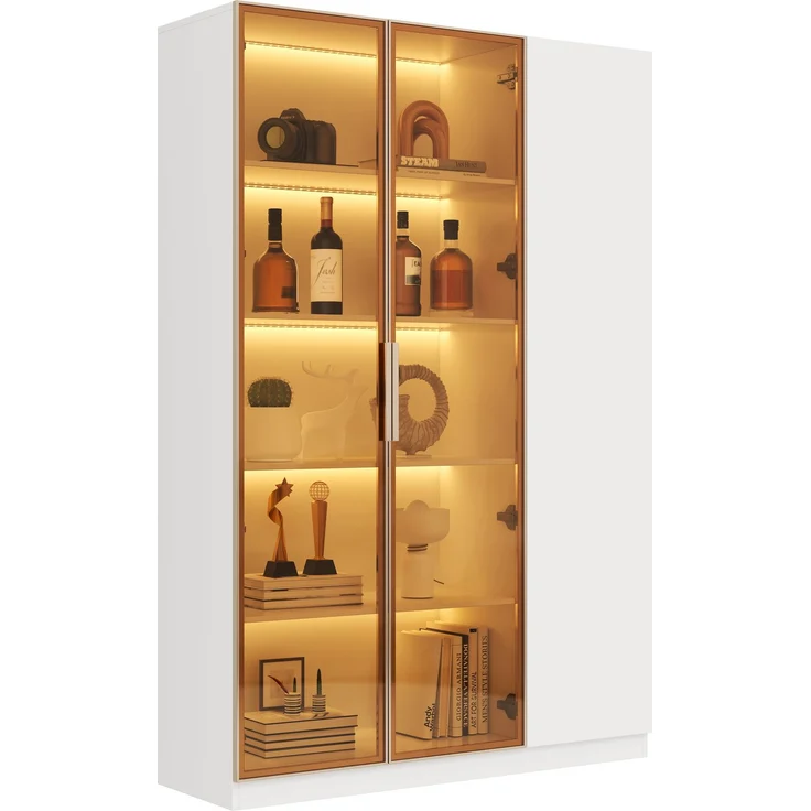 ZUBALIYA Glasvitrine, Höhe 165cm–dreitürige Vitrine mit LED-Beleuchtung, mehrfarbig einstellbar, freistehende Vitrine mit Sicherheitsglas, verstellbaren Einlegeböden und Kippschutz, weiß-Vitrine,Weinschrank – Bild 5
