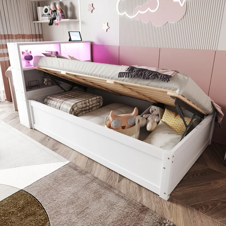 Bett 90x200 cm aus Massivholz mit Stauraum und LED-Beleuchtung – Bild 2