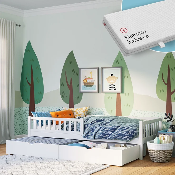 Bellabino 'Vils' Kinderbett 90x200 cm mit Matratze und großer Schublade, weiß, Kiefer Massivholz, Montessori Bett mit Stauraum, mit abnehmbarem Rausfallschutz und Lattenrost – Bild 1