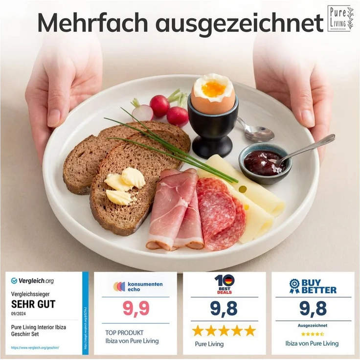 PURE LIVING INTERIOR DESIGN Geschirr-Set Crystal Dessertteller, Frühstückteller, 6er-Set, 20 cm, Weiß (6-tlg), 6 Personen, Porzellan – Bild 3