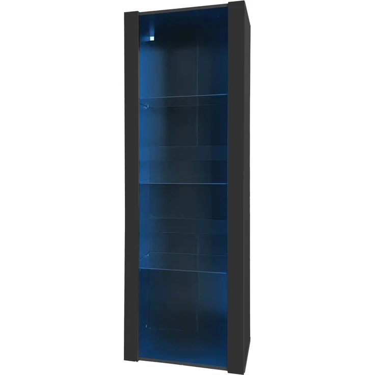 Merax Schwarzer Hochglanz-Vitrinenschrank mit LED-Beleuchtung, 3 Glasfächer, 55*38*166cm, Vitrine, Stehschrank, Hochschrank, Lagerschrank – Bild 1