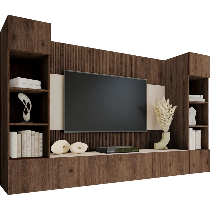 Wohnwand Deromi I, Griffloses Öffnungssystem (Farbe: Eiche Okapi + Travertin) – Bild 3