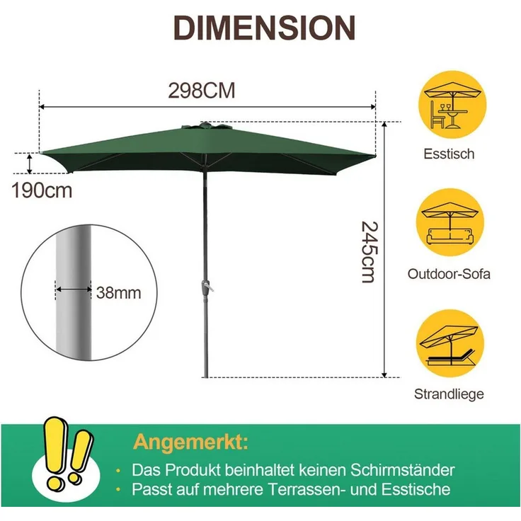 Clanmacy Sonnenschirm Rechteckig Balkonschirm 300x200 cm Sonnenschutz mit kurbel Grün, LxB: 300x200 cm, Stabiler knickbar/für Garten, Balkon, Terasse/Sonnenschutz