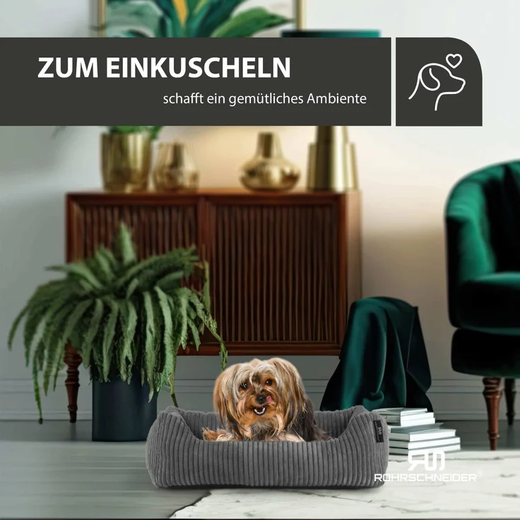 ROHRSCHNEIDER Hundebett - Cord, Hundekorb, Tierbett, Wendekissen, Bezug waschbar, rutschfest Grau 15x55x42cm – Bild 7