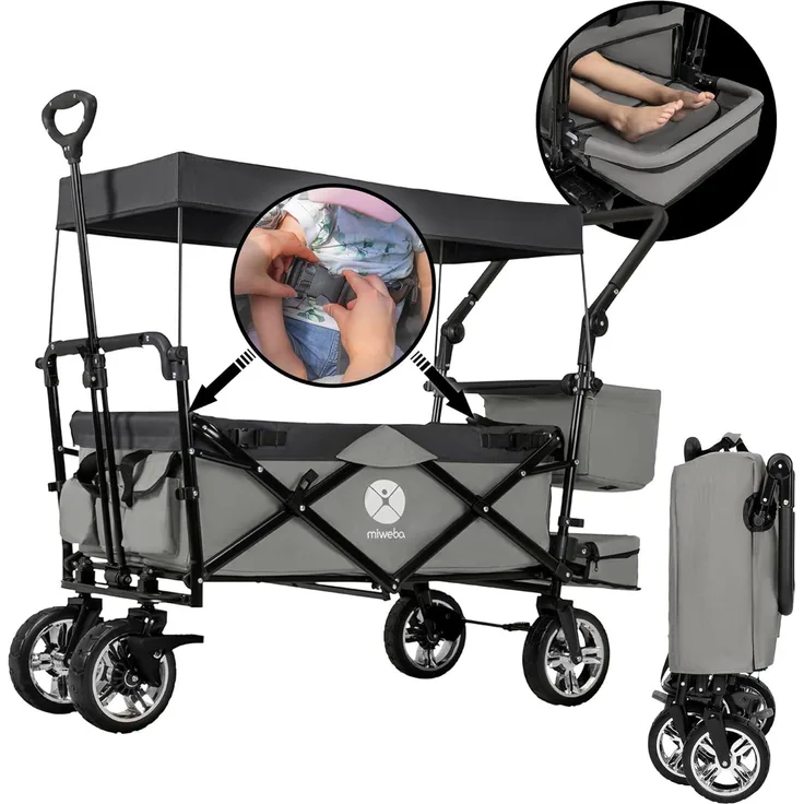 Miweba Bollerwagen MB-20 faltbar Transportwagen Kinder Faltwagen Handwagen Dach (Hellgrau/Dunkelgrau)