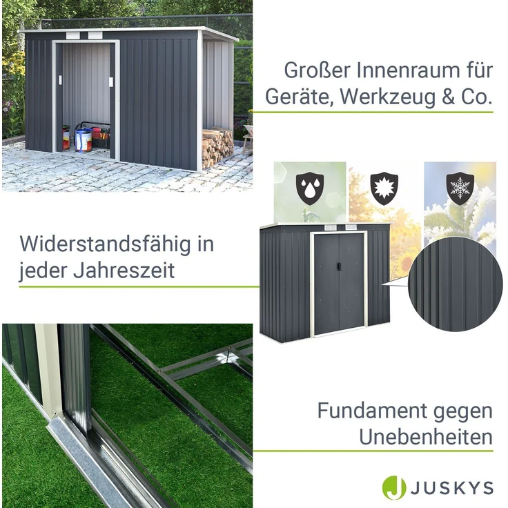 Juskys Metall Gerätehaus M mit Holzunterstand rechts, Schiebetür, Lüftungsgitter, Fundament - Geräteschuppen Gartenhaus Metallgerätehaus Holzregal – Bild 4