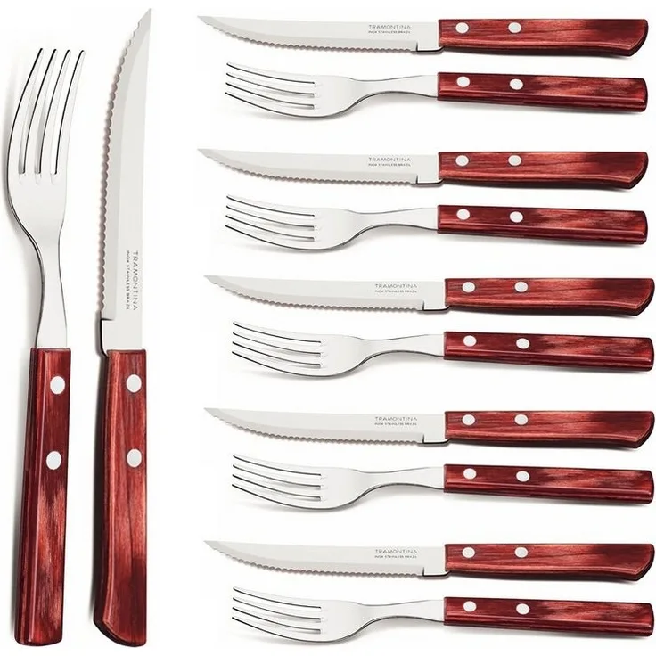 Tramontina Steakbesteck Pizzabesteck, Set, rostfrei (12-tlg), 6 Personen, Edelstahl, scharfe Klinge, FSC Echtholzgriffe, spülmaschinenfest