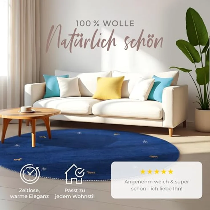 carpetfine 'Gabbeh Uni' Wollteppich, reine Wolle, Blau, Ø 120 cm – Bild 4