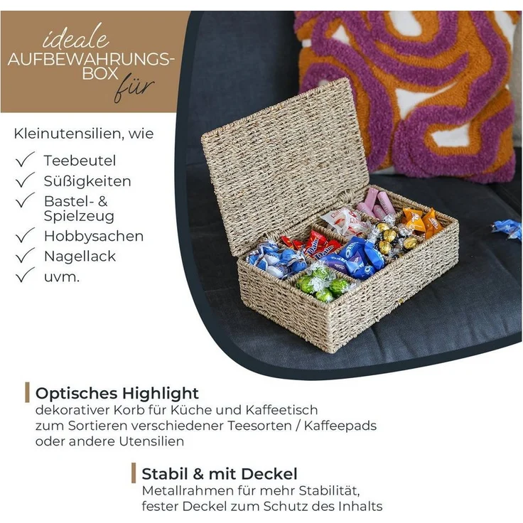 HMF Teebox Teebox für Teebeutel geflochten aus Seegras, Seegras, Tee Aufbewahrungsbox mit 8 großen Fächern, 33 x 21 x 10 cm – Bild 2