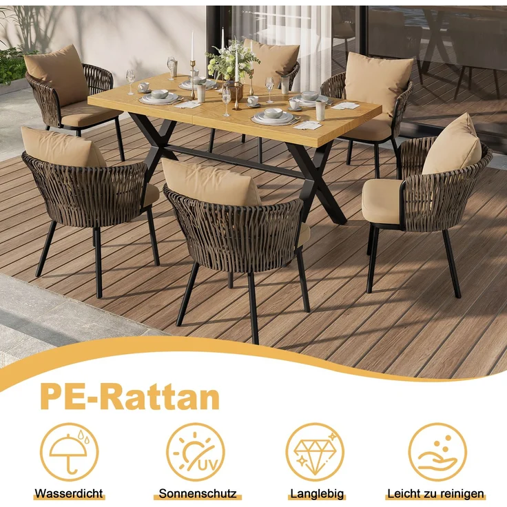 LVHOM Garten-Sitzgruppe für 6 Personen, Gartenmöbel Set inklusive Gartentisch & 6 Rattan-Sessel, Aluminium-Rahmen, Skandinavisches Design – Bild 4
