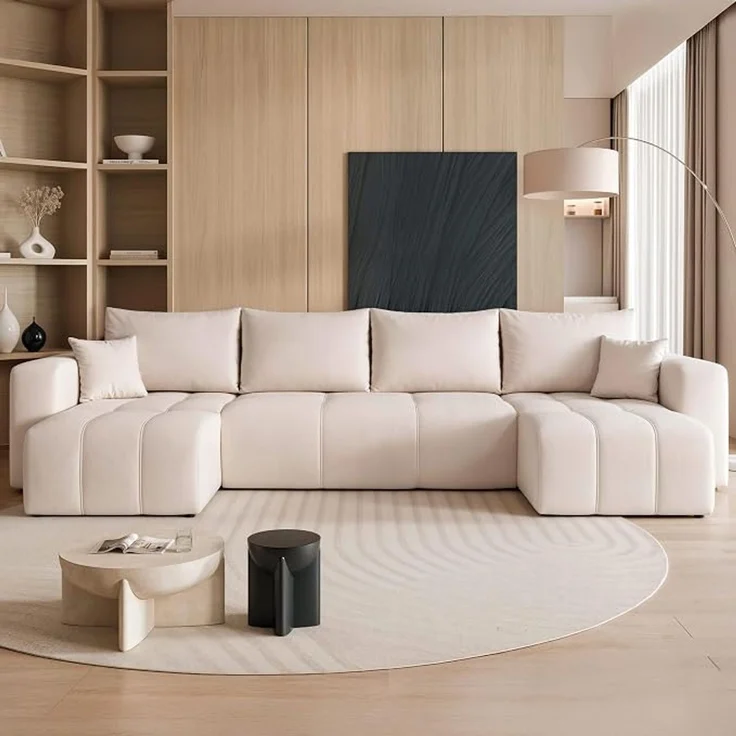 Beige-farbenes U-förmiges Ecksofa mit Schlaffunktion und Stauraum – Bild 2