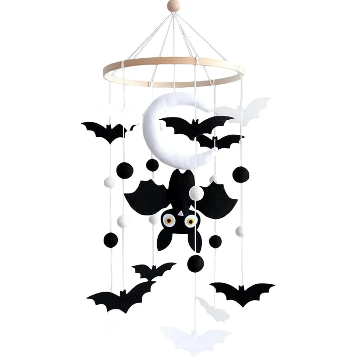 Schwarz und Weiß Fledermaus Mobile Baby Windspiele, 3D Fledermaus Holz mit Mood Filzbällen, Mobile Baby Mädchen Bettglocke Anhänger für Babybett Jungen und Mädchen