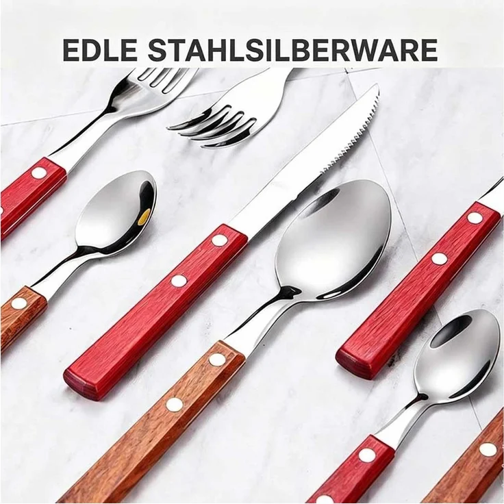 FELIXLEO Steakbesteck Geschirrset 4 teilig Ergonomischer Holzgriff Besteck Rot – Bild 3