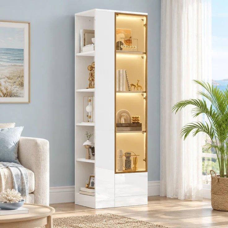 Vitrine 50 x 35 x 160 cm in Weiß mit Glastür und dimmbarer LED-Beleuchtung – Bild 1