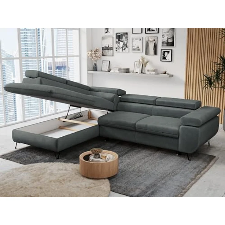 Mks Möbel 'Peter L-form' Ecksofa mit Bettfunktion, Bettkasten & einstellbaren Kopfstützen, Dunkelgrau, Mikrofaser, links – Bild 5