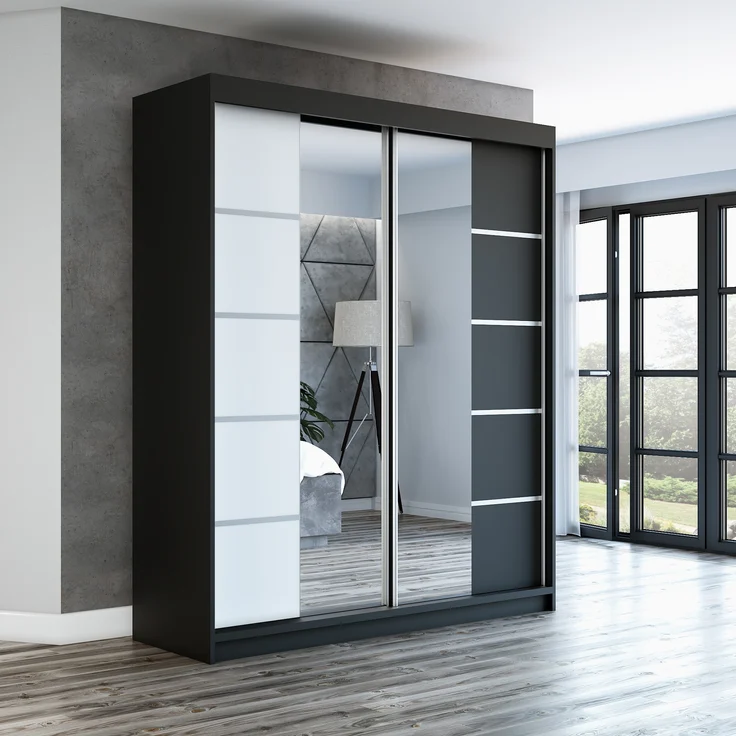 Schwebetürenschrank ERA 2-türig Schrank 180 cm (mit Spiegel) Farbe: Schwarz , weiß – Bild 2