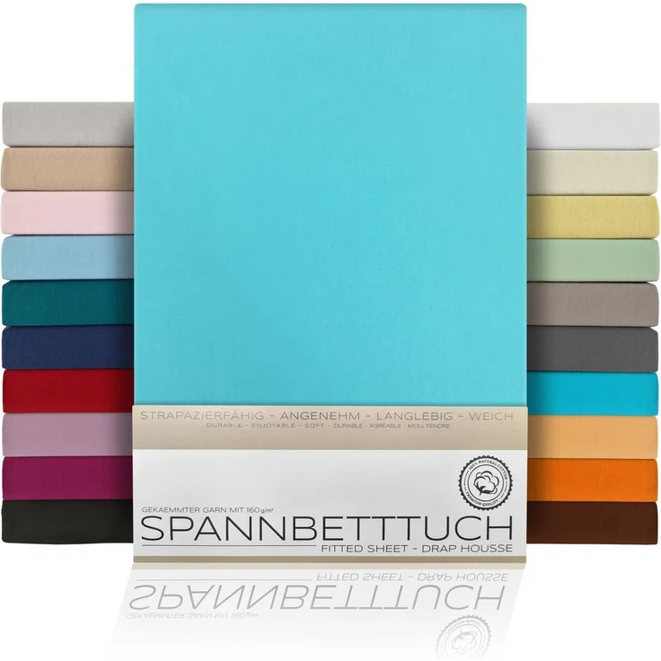 Beautex Spannbettlaken, Gummizug: rundum, (1 Stück), gekämmte Baumwolle Premium Jersey, 160g/m², Türkis, Standard - 90 x 200 x 30 cm – Bild 5