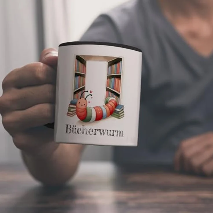 speecheese Tasse Bücherwurm Kaffeebecher in schwarz mit Wurm in der Bibliothek – Bild 6