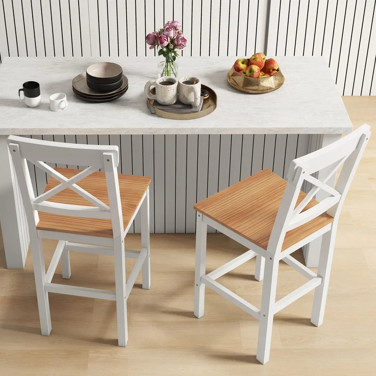 Barhocker 2er Set Barstuhl aus Kiefernholz mit Fußstütze, Lehne, Landhaus-Stil für Küche, Wohnzimmer, Natur--Naturholz--97.5x41x46cm--YOUDENOVA – Bild 9
