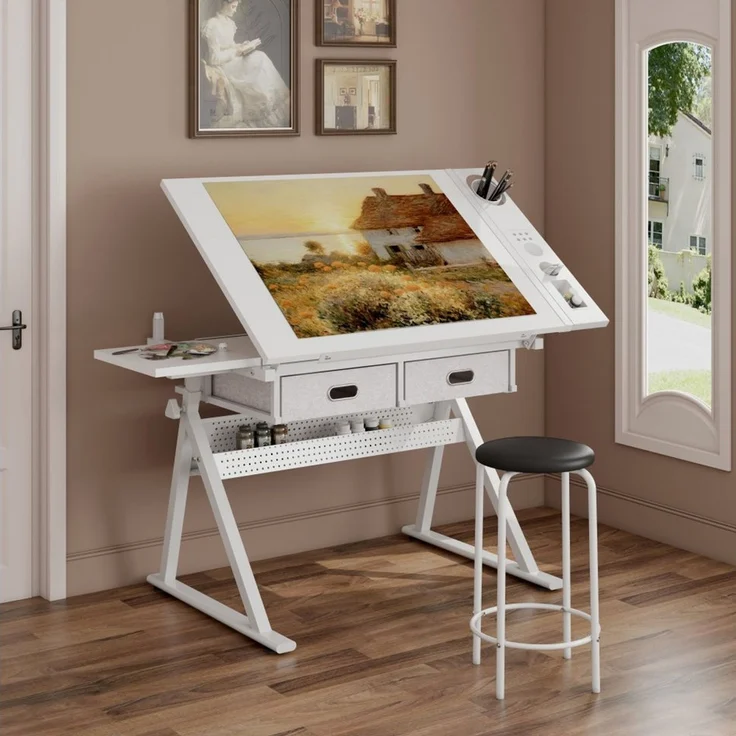 BBWL Zeichentisch mit 2 Schubladen MDF Holz Schreibtisch inkl Hocker, Zeichentisch höhenverstellbar für Home Office Schule – Bild 1