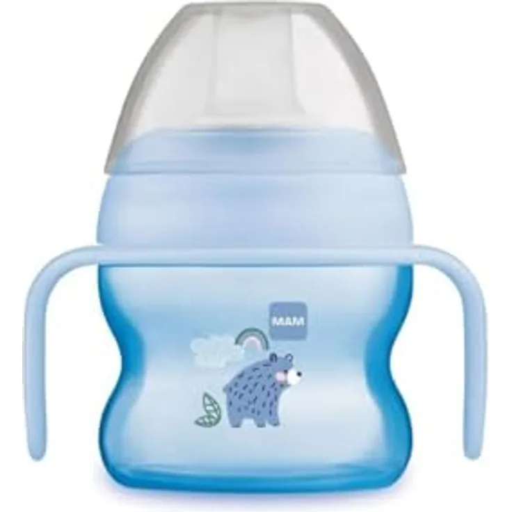 MAM Starter Cup mit rutschfesten Griffen und Ausgießer, 4+ Monate, 150 ml, Hellblau | Extra weicher Ausguss, ergonomische rutschfeste Griffe, leichte abgerundete Form, spülmaschinenfest, BPA-/BPS-frei