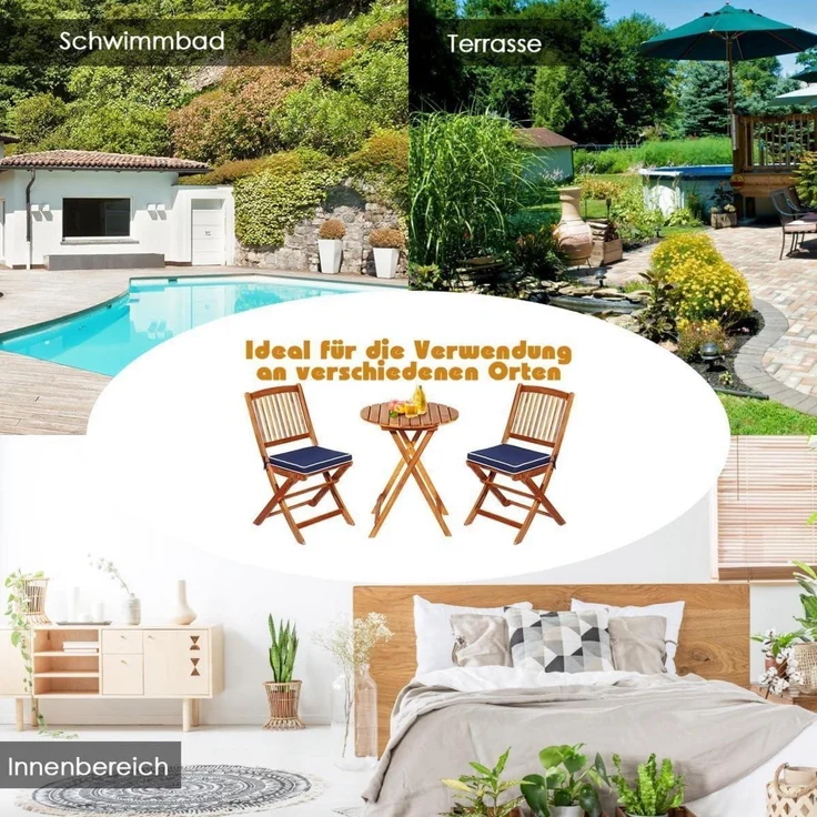 3tlg. Gartenmöbel Set Akazienholz klappbar mit Kissen Blau – Bild 5