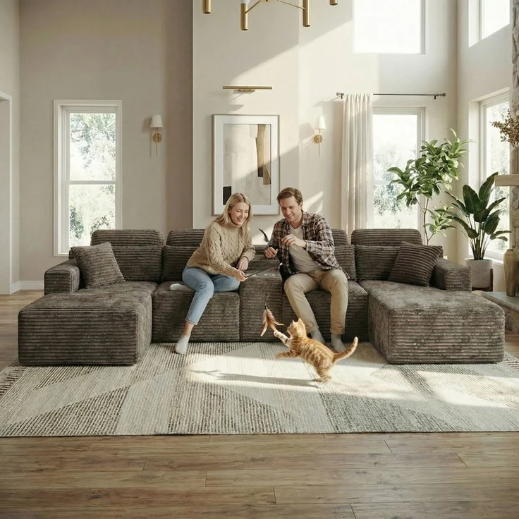 ZUBALIYA Boneless Compression Sofa, U-förmiges modulares Sofa mit integrierten Becherhaltern, Khaki, 372 x 151 x 80 cm – Bild 14