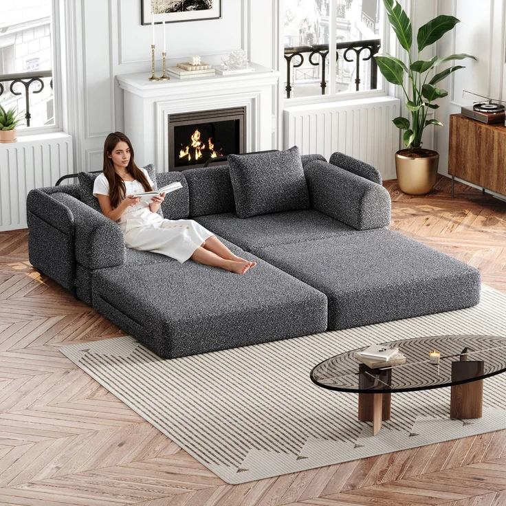 Schlafsofa mit Ablagefach & Stahlrahmen, wandelbarer Einzelsitz Sofa Bett mit rutschfester Unterlage,2-Sitzer,Grau – Bild 2