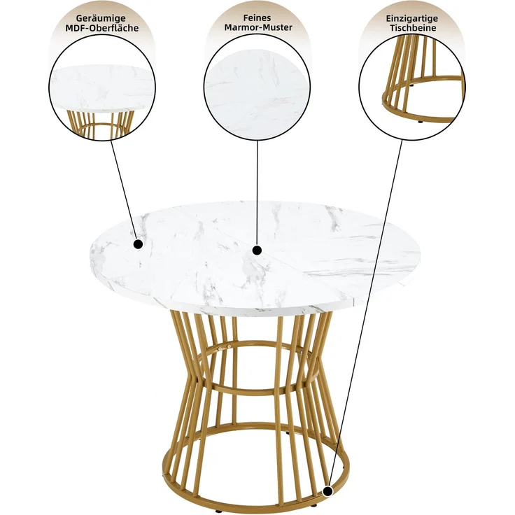 Runder Esstisch 100 cm Durchmesser x 75 cm Höhe, MDF-Tischplatte mit Marmormuster, stabiles Metallgestell, runder Küchentisch für Esszimmer – Bild 5