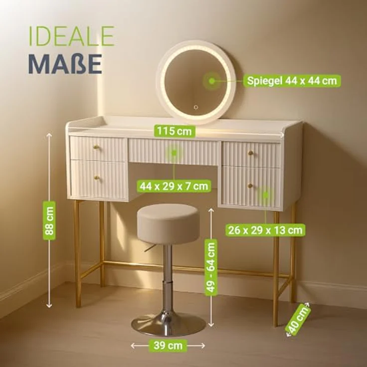 Juskys Schminktisch Samira & Hocker Tonia mit Touch-LED-Spiegel, 5 Schubladen, viel Stauraum & elegantes Design für Schlafzimmer & Make-up – Weiß/Gold – Bild 6