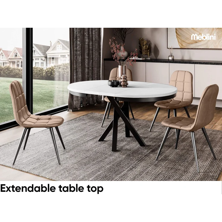 MEBLINI Esstisch Rund Ausziehbar aus Metall - 100-138x77cm - CHRIS - Weiß Matt/Schwarz Matt - Loft - Esszimmertisch Modern - Küchentisch - Ausziehtisch - Round Dining Table - Esszimmertische - Weiß Matt/Schwarz Matt – Bild 2