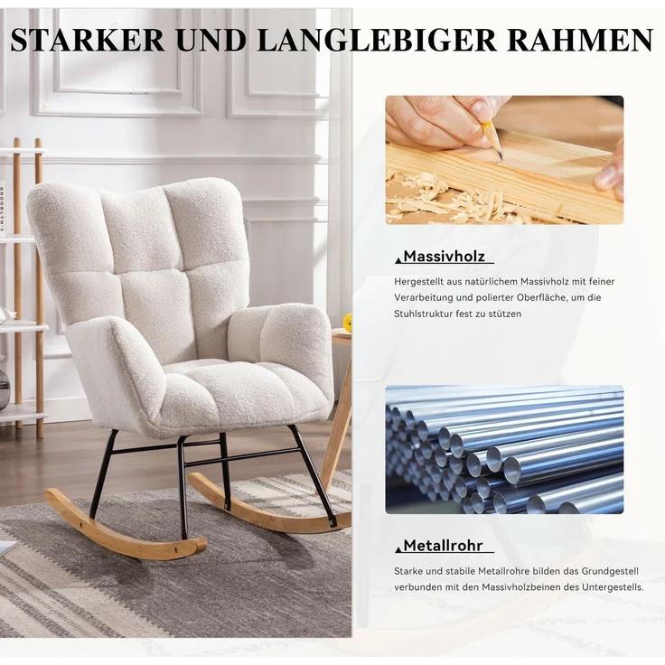 Teddy Weiß Schaukelstuhl mit Holzrahmen und Metallbasis, ergonomisch gepolstert, leises Design für Wohnzimmer & Schlafzimmer – Bild 9