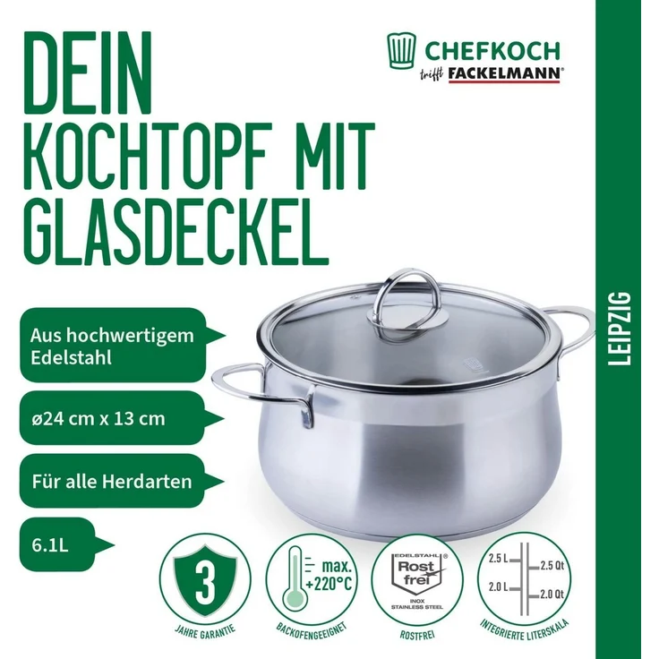 Chefkoch trifft Fackelmann Kochtopf mit Glasdeckel, Ø 24 cm, induktionsgeeignet, backofengeeignet – Bild 2
