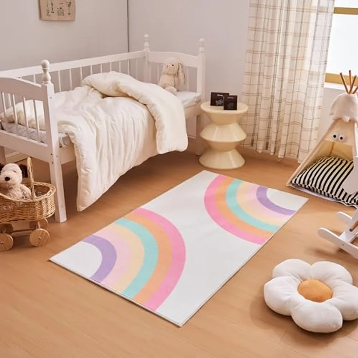 Sonive Rosa Regenbogen Teppich Kinderteppich für Junge Mädchen 80x150cm | Rutschfeste Krabbelmatte für Wohnzimmer, Schlafzimmer, Kinderzimmer – Bild 2