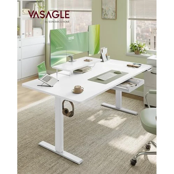 VASAGLE Höhenverstellbarer Schreibtisch, 160x80 cm, flexibel montierbarer Monitorständer, Schublade, USB-C-Anschluss, Erinnerung bei langem Sitzen, für Büro, wolkenweiß LSD156WB01 – Bild 3