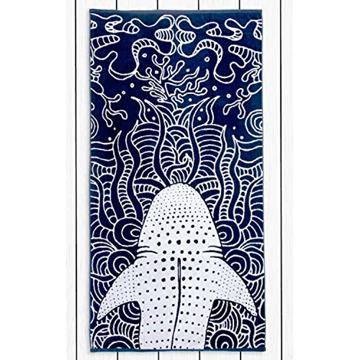 DecoKing Strandtuch groß 90x180 cm Baumwolle Frottee Velours Badetuch dunkelblau Marineblau blau weiß Haifisch Shark – Bild 2