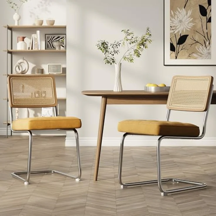 COLAMY Rattan Esstischstühle 2er Set, Samtbezug mit Metallgestell, Gelb – Bild 2