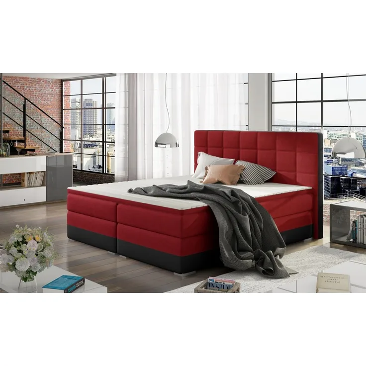 Boxspringbett PRATO Webstoff Rot/ Kunstleder Schwarz 160x200 cm