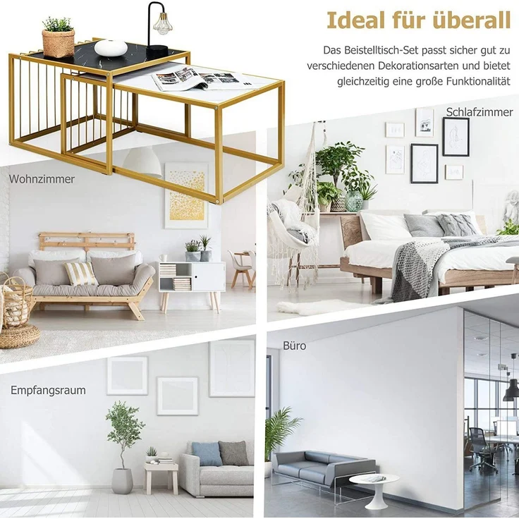 COSTWAY Beistelltisch (2-St, 2 Stücke), Marmor, Metallstruktur – Bild 2