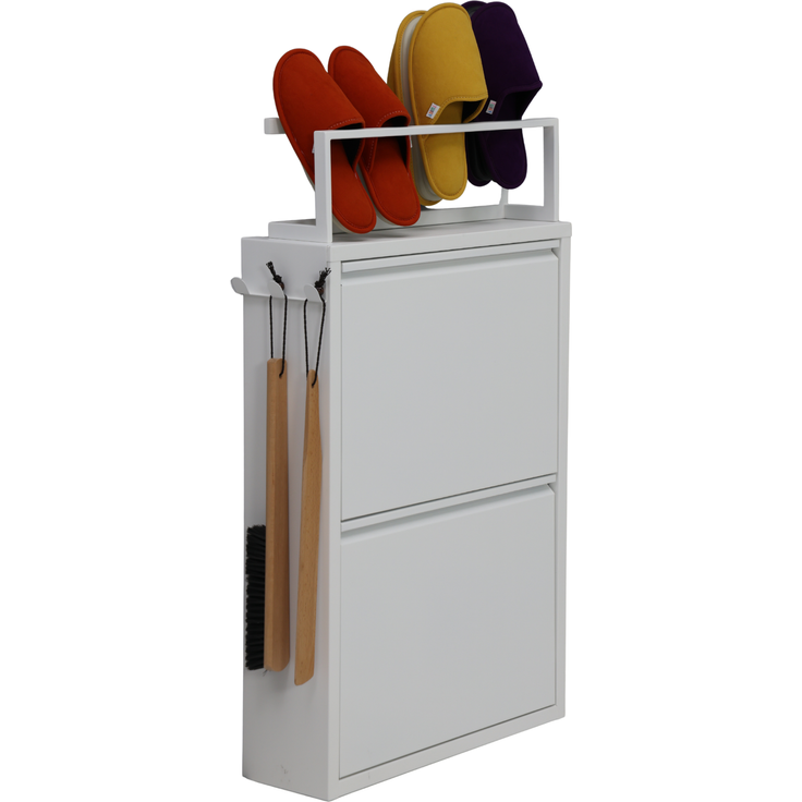 Schuhkipper mit Zubehör, Weiß, 2 Klappen 52x15x85,5 cm, Pantoffelregal, Hakenleiste – Bild 7