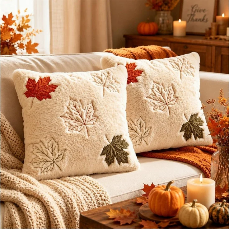FOUORTUNATE-BEE Kissenbezüge Kissenbezüge 2er Set 45x45 cm, Herbst, Ahornblatt-Motiv, Herbst-Kissenhüllen für Sofa, Bett und Sessel, Halloween-Deko – Bild 1